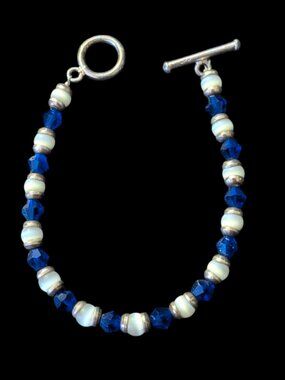 925 Sterling Silver White Cats Eye Blue Crystal Size 7" Bracelet